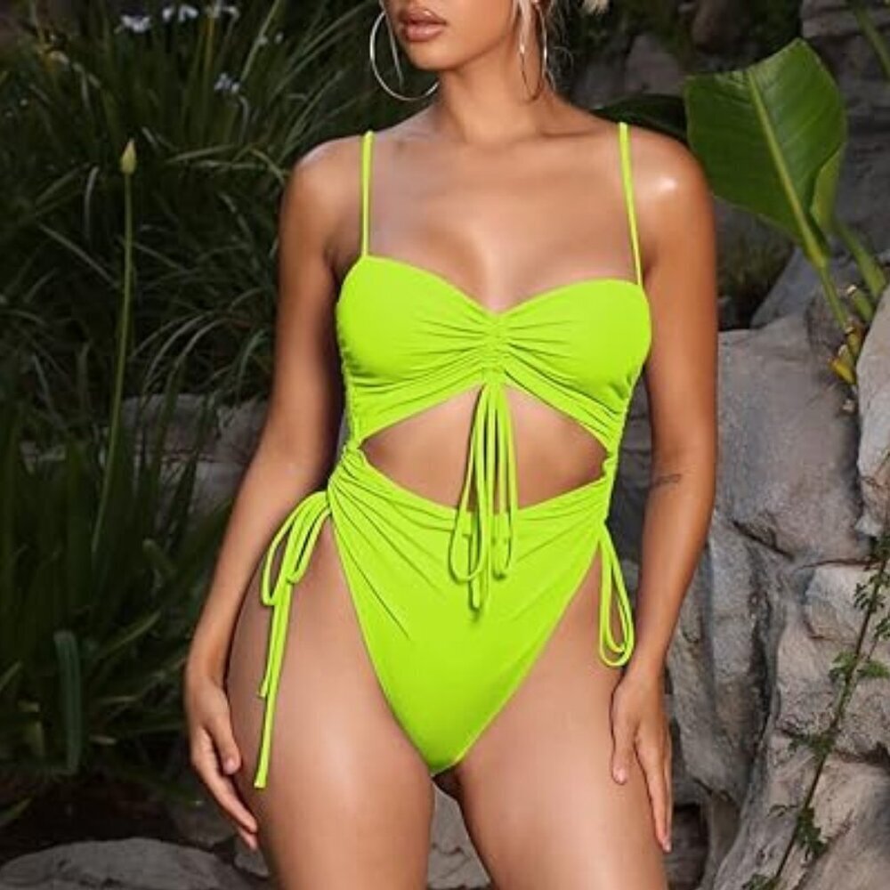 TOLENY NEON GREEN DRAWSTRING THONG MONOKINI SWIMSUIT SIZE SMALL NWOT